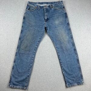 Wrangler Mens Jeans 35x32 Blue Classic Straight Leg Distressed Denim Pants Rodeo